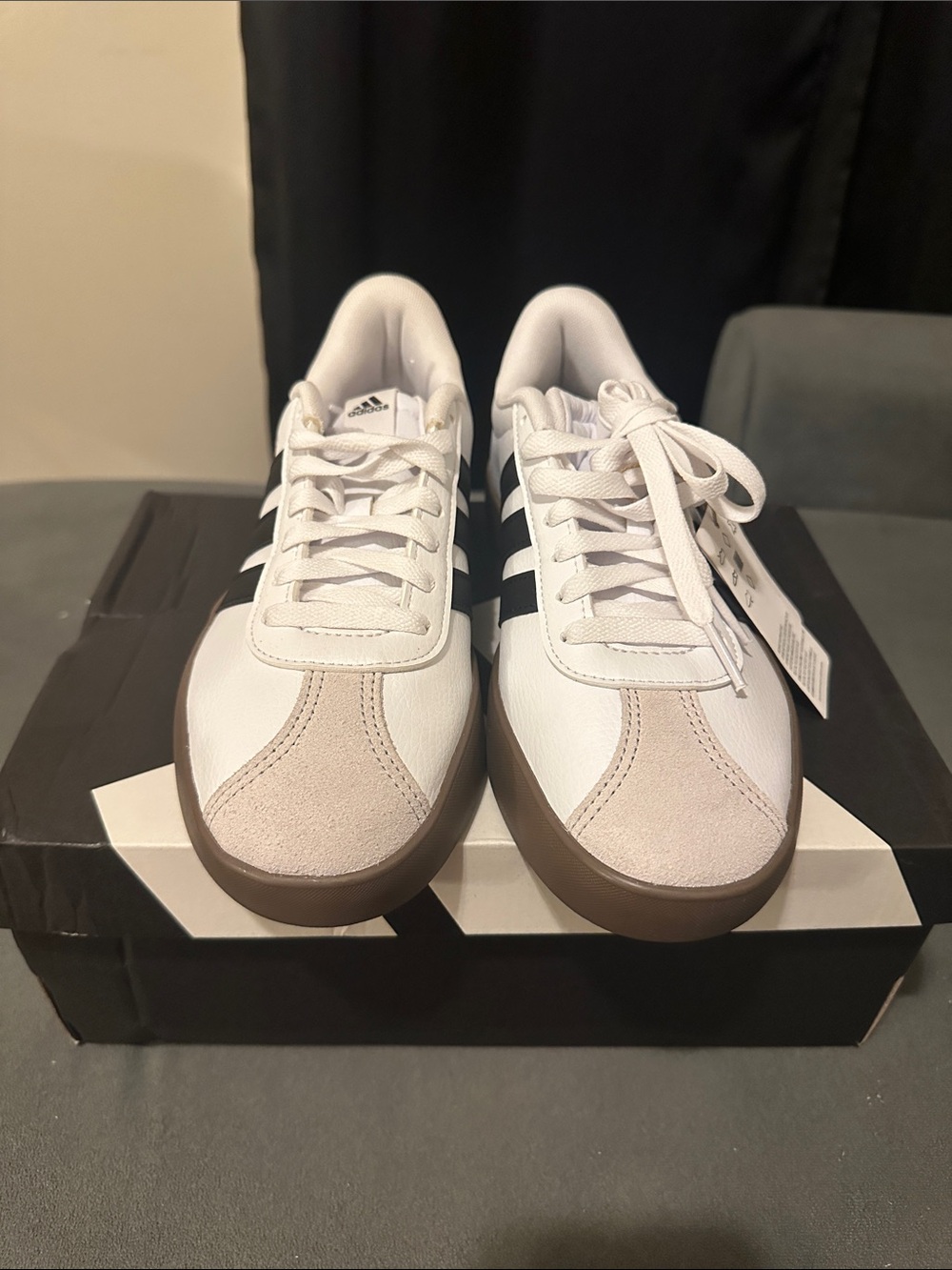 adidas White Sneakers with Black Stripes and Brown Gum Sole